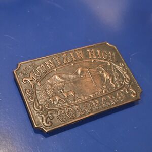 Vintage Rocky Mountain High Colorado Brass Belt Buckle Deer Mountains Hiker